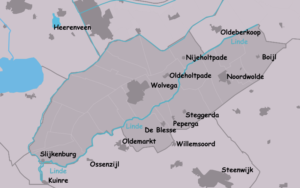 Plattegrond van de gemeente Weststellingerwerf. Links boven Heerenveen. Onder Heerenveen van Noordoost naar Zuidoost stroomt een water dat de grens is met de gemeente Weststellingerwerf. Midden door de gemeente, onder Wolvega langs, loopt van noordoost naar zuidwest de Rivier de Linde. Het laatste stuk, vanaf net ten noorden van Oldemarkt, is de het de zuidgrens van de gemeente. Lang de Linde liggen Nijeholtpade en Oldeholtpade. Ten zuiden van de Linde in de gemeente liggen (van noordoost naar zuidwest) Boijl, Noordwolde, Steggerda, Peperga en de Blesse. Helemaal in het zuidoosten van de gemeente ligt Slijkenburg, hier komen de twee stromen bij elkaar en gaan samen verder naar Kuinre.