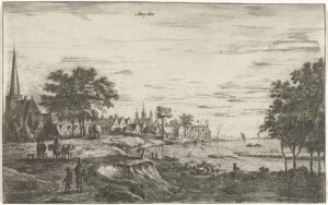 Gravure van Ameide. Helemaal links de kerk en daarnaast allemaal huisjes. Op de voorgrond een pad mensen die richting het dorp lopen. Naast het pad is de grond afgekalfd, op de grond die ca 2 meter lager ligt staat veel en zit een man te vissen. Daarnaast stroomt de rivier met daarop bootjes. In de verte bij het dorp liggen boten aangemeerd.
