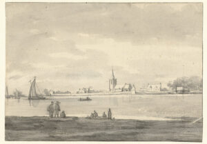 Tekening van mensen die aan de oever van de rivier zitten. Links een zeilboot, daarachter een roeiboot. Aan de overkant een kerk en een paar huizen.