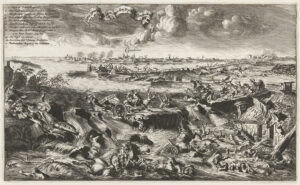 Dijkdoorbraak bij Coevorden, 1 oktober 1673. Vijandelijke ruiters en geschut worden door het water weggespoeld, in de verte de stad Coevorden.