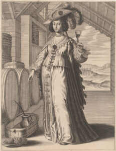 Gravure van een vrouw die naast een paar wijnvaten staat. Onder één van de vaten staat een kan en daarvoor een schaal druiven. Ze draagt een lange jurk en op haar hoed pluimveren. In haar hand een glas wijn dat ze heft.