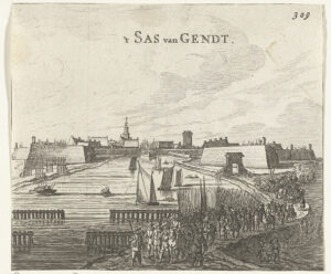 Beleg en inname van Sas-van-Gent door het Staatse leger onder Frederik Hendrik, 28 juli tot 5 september 1644. Gezicht op de versterkte stad met op de voorgrond het optrekkende Staatse leger. Met paginanummer 309.