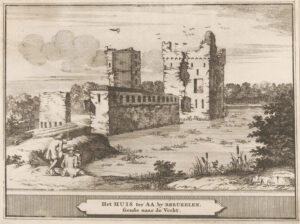 Gravure in een passe-partout. Op de afbeelding staat een ruïne. Op de voorgrond een lang, smal gebouw met daarachter een afgebrokkelde brede toren. Links achter een gehalveerde smallere toren. Op de voorgrond zit een man met een papier in zijn hand. We zien hem op zijn rug, dus we zien niet wat hij doet (tekenen? lezen?) Naast hem staat een man die half gebukt mee kijkt op het papier. In het passe-partout staat: Het HUIS ter AA bij BREUKELEN siende naar de Vecht.