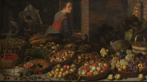 Stilleven met vruchten en groenten met op de achtergrond Christus en de Emmaüsgangers. Op de voorgrond van een keuken liggen allerlei soorten groenten (asperges, tuinbonen, erwten, wortels, artisjokken, komkommers, bieten, een pompoen, groene kolen, uien en rapen) en fruit (appels, kersen, kruisbessen, abrikozen, peren, bessen, frambozen en druiven), in manden uitgestald. In de keuken zijn twee meiden aan het werk. Daarachter is door opgehaalde gordijnen het bijbelse tafereel te zien.