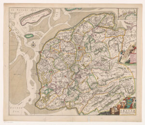 Rechtsboven inzetkaart met Vlieland, Terschelling, Ameland en Schiermonnikoog. Rechts in het midden twee putti met legenda en twee schaalstokken: Mille Germanica commune / een gemeene Duytsche myl en 0.5, Nederlandsche mylen ofte uren gaens. Rechtsonder titelcartouche met daarboven het wapen van Friesland.
