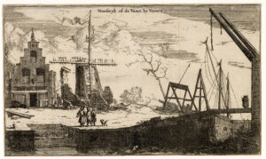 Vreeswijk of de Vaart bij Vianen. Gravure van drie mensen en een hondje op een kade bij een afgebrand huis en een afgebrande molen. Op de kapotte brug staan ook nog twee mensen te kijken.