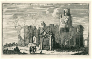 Gravure van een ruïne. Midden een poort van twee pilaren met een fronton. Daarachter een zwartgeblakerde muur van ruim een verdieping hoog en de gaten van ramen. Een deel van de toren staat nog wel maar is ook geruïneerd. Drie mannen met een hondje staan naar het kasteel te kijken, links voor in de schaduw zitten ook twee personen. Midden boven staat de tekst "t Huys te Niewen rode"