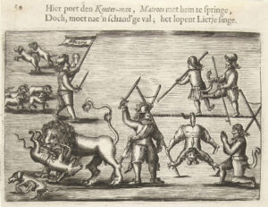 Gravure waar boven staat Hier port den Konter-man, Matroos met hem te springe, Doch, moet nae'n schand'ge val; het lopent Lietje singe. Links boven twee spelende honden, daaronder een Hollander met een vlag met daarop 'fictoory', een pijp in de mond en een zwaard in de hand die vier honden aan de lijn heeft. Links onder een leeuw die een hond verscheurd en ernaast ligt een dode hond met zijn ingewanden eruit. Rechts is een koorddanskoord opgesteld. Twee mannen erop, de één geeft de ander een trap. Een derde man hangt aan zijn staart aan het koord met zijn benen wijd. Rechts klapt een man met een staart voor hem, naast hem staat een Hollandse officier met het zwaard in de lucht.