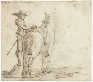 We zien een paard van de achterkant. Het paard is gezadeld en kijkt naar links. Aan zijn linkerkant staat een soldaat met een grote hoed en een zwaard op een steen. Zijn rechterhand ligt op het zadel. Boven aan de tekening staan geschreven "1631 de 14 januarij"