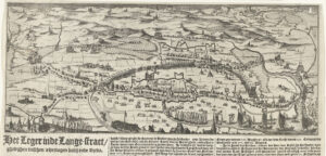 Kaart van het gebied in Brabant tussen Heusden, Waalwijk en Geertruidenberg. Met de tocht van het Staatse leger van Ernst Casimir door Brabant en de legering in de Langestraat (de weg bij Waalwijk en Besoijen), 1625. Onder de plaat gedrukt een tekst in 3 kolommen in het Nederlands.