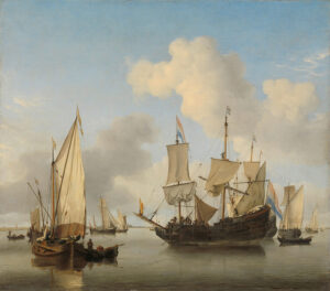 Schepen onder de kust voor anker, waaronder een jacht van de West-Indische Compagnie, getuige het WIC-teken op de vlag op het achterschip. Links en rechts vissersschepen en roeiboten.
