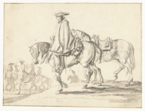 Een ruiter met een grote hoed op en een cape om zit op een paard. Aan zijn rechterhand voert hij een gezadeld paard mee zonder ruiter. Op de achtergrond meer ruiters te paard.