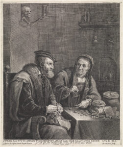Gravure van een oudere man en een oudere vrouw die samen aan tafel zitten. De vrouw weegt geld, terwijl haar man een stokbeurs op schoot heeft. Vanuit een venster slaat de Dood, met in de hand een zandloper, het tafereel gade.