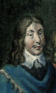 Portret van Frederik van Nassau-Zuylestein. Ingekleurde gravure van een man met een vlassig snorretje en golvend haar tot op de schouders.