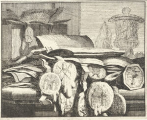 Gravure van een stapel papieren met daaraan allerhande zegels. Ernaast ligt een zegelring. De zegels liggen waarschijnlijk in de zon, want ze beginnen te smelten. Op de achtergrond een klassieke tuinvaas.