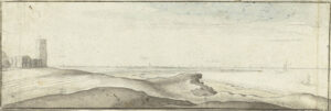 Tekening van op de voorgrond en links een kaal landschap. Strand/duinachtig. Helemaal links een ruïne met een toren. Rechts de Zuiderzee met daarop een paar vage scheepjes. Aan de horizon liggen Muiden en Amsterdam.
