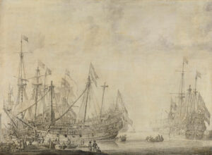 Schepen na de slag. Gehavende Nederlandse oorlogsschepen en een buitgemaakt Engels schip worden in een haven gekalefaterd. Links de Brederode, zonder galjoen, rechts de Amalia.
