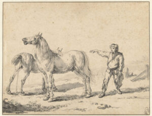 Een paard staat met naar links gedraaid met zijn hoofd omhoog te hinniken, zijn mond is open. Rechts, achter het paard staat een man in lompen, zijn rechterhand heeft hij omhoog richting het paard, in zijn linker hand heeft hij iets (hoed? touw?) achter het paard staat een tweede paard, naar rechts gedraaid. Zijn oren steken boven de rug van het eerste paard uit, we zijn zijn kont uitsteken. Het paard heeft een kortgeknipte staart en het staat te plassen.