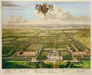 Een ingekleurde gravure van Paleis Honselaarsdijk. Honselaarsdijk ligt net rechts van het midden, Het is een symmetrische huis met daarom heen een symmetrische aangelegde tuin. Links en rechts zijn twee binnenplaatsen met bijgebouwen erom heen. De tuin loopt naar achter door maar raakt zijn symmetrie kwijt. Afgezien van een laan als zichtlijn naar de duinen en de zee, wordt het bos. Rechts langs de tuin loopt een weg met aan weerzijden een bomenrij.