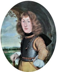 Ovaal geschilderd portret van een beetje een blekige jonge man. Hij heeft dik golvend haar tot op zijn schouders. Zijn gezicht is lang en smak. Hij heeft een relatief klein bovenlijf. Hij draagt een kuras, met daaronder een gele wambuis en poffende manchetten. Met zijn rechter hand leunt hij op een wandelstok.