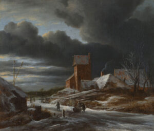 Winterlandschap. Een vierkante toren en enkele huizen langs een bevroren water in een besneeuwd landschap. Op het ijs enkele figuren met een slede, links een boerenschuur. In deze voorstelling domineren de donkere onheilspellende wolken, die van links worden beschenen door de laagstaande zon. De dik ingepakte mensen op het ijs steken nietig af tegen deze onbarmhartige natuur. In zo’n winterlandschap van Ruisdael zou een vrolijke menigte schaatsers niet op zijn plaats zijn.