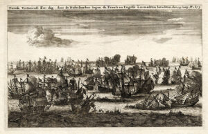 Gravure met een scheepsslag. Verschillende schepen liggen in groepjes bij elkaar, zo nu en dan zie je scheve masten, rookwolken en vooraan ligt een zinkend schip.