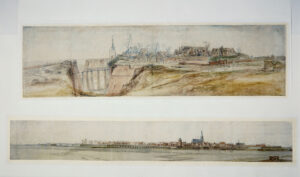 Twee tekeningen van Doesburg. Boven Doesburg vanaf het land. Een zanderige grond en een soort kloof met daarachter een (wal-)muur. Verder zien we de kerk en huizen. De tweede tekening is heel breed maar niet hoog. Nu zien we Doesburg vanover de eisel. Eeen breed, lichtgrijs vlak met aan de andere kant een kade en een kerk en nauwelijks herkenbaar verschillende huizen, poorten en windmolens.