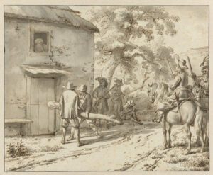 Tekening van een boerderij met een strooien dak. In het raam boven de voordeur zit een oude man. Voor de gesloten voordeur staan twee soldaten met een boomstam klaar om de deur in te slaan. Naast de boerderij staan twee soldaten met geweren en zit er één op de grond zijn geweer te controleren. Achter de soldaten met de boom twee soldaten te paard. Ook met hun geweer in de hand.