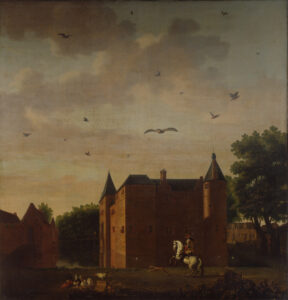 Gezicht op het omgrachte kasteel Gunterstein te Breukelen uit het noorden, met links een gedeelte van de voorburcht en rechts op de achtergrond de Vecht, vóór de verwoesting in 1672.