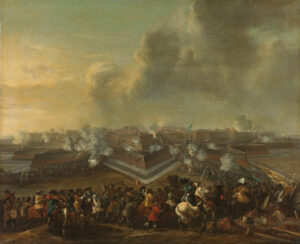 Op de voorgrond een ongeordende verzameling van soldaten te paard en te voet. Ze hebben ladders, vaandels, speren en zwaarden bij zich. In verschillende colonnes trekken ze naar de vesting op de achtergrond. Rondom de vesting zie je op verschillende plekken rookwolken.
