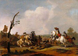 In een kaal, heuvelachtig landschap strijd de cavalerie. Links schiet een man met een oranje sjerp om op een palomino paard op een man in harnas op een donker paard. Rechts komen een man op een wit paard en één op een bruin paard aan gegaloppeerd. In het midden ligt een dood paard met daarnaast zijn berijder die weer opkrabbelt. hier achter meer ruiters en paarden die aan het vechten zijn. Links op een heuveltje staat een trompetter.