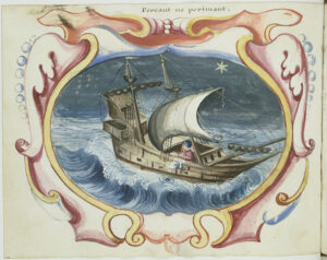 Een rood met geel elegant fantasie cartouche met daarin een boot op een donkere zee. Op het schip staat één persoon en die gooit iets overboord. Een zeil is gehesen en staat bol. Rechtsboven een ster. Boven de afbeelding staat Pereant ne perimant. (google translate vertaling: laat ze omkomen anders gaan ze verloren)