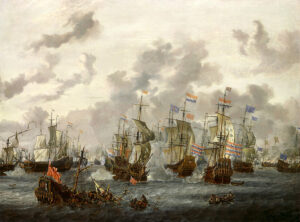 Een grote zeeslag met heel veel schepen. Op de voorgrond is een schip met een rode vlag aan het zinken. Twee sloepen varen weg. In de verte brand een schip, de meeste schepen hebben gaten in de zeilen, links breekt een mast doormidden.