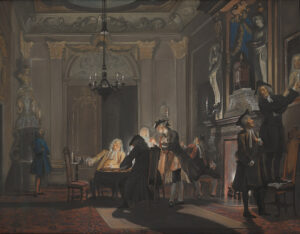 In donkere kleuren geschilderde prent van een 18de eeuwse grote kamer. Het middelpunt van de prent is een groep mannen, gezeten of staand aan een tafel. Deze groep trekt de aandacht door het heldere licht van een kaars of kaarsen op tafel, die overigens niet zichtbaar zijn. De mannen hebben het duidelijk naar hun zin en zijn in een drukke conversatie gewikkeld. Een type bon vivant met een gezellig buikje zit aan tafel in het volle licht. Aan zijn rechterhand staat een klein tafeltje met veel glazen en een kaars. Naast hem staat een lege stoel. De staande man links van hem kijkt hem minzaam lachend aan. De man daarnaast, die ook nog in het licht van de kaarsen staat, leunt op een lege stoel en rookt een pijp, wit met een heel dunne steel. Hij heeft een driekantige hoed op. De tweede man die aan tafel zit heeft dezelfde hoed op. Hij zit in het donker met zijn rug naar de toeschouwer toe. Aan de rechterkant van de kamer zit een man op een stoel bij de grote schouw. Ook hij heeft een driekantige zwarte hoed op. Hij bekijkt met een olijke blik een glas dat hij in zijn rechterhand omhoog houdt. Aan de andere kant van de schouw staan twee mannen, ook met een driekantige, zwarte hoed op. De een staat op een stoel met in zijn linkerhand een kaars, dat hij voor een geschilderd portret houdt. Met zijn andere hand wijst hij naar dat schilderij. De andere man die op de grond staat, kijkt belangstellend naar het schilderij. Links achter in de hoek staat een man in een blauwe jas met tressen. Hij is niet goed te zien. Hij staat voor een uitbundig versierde hoge smalle ronde kast waar op een hoge plank vijf glazen staan, de middelste en de buitenste twee zonder deksel. Ze zijn ook wat kleiner dan de andere twee met deksel. Aan de rechterkant op deze plank staat een kaars. Boven deze glazen staat nog een heel groot glas met deksel. Boven de kast hangt een borstbeeld van een man. In het midden van de kamer hangt een koperen kroonluchter met vier kaarsen, die niet zoveel licht geven als de kaarsen op tafel, die overigens voor de kijker niet zichtbaar zijn. De heren zijn allen gekleed in een broek van glanzende stof net over de knie met daaronder witte kousen. Ze hebben een pandjes jas aan in verschillende kleuren. Ze dragen een dunne witte halsdoek gestrikt als in een korte stropdas