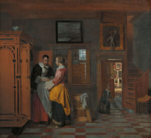 Binnenhuis met twee vrouwen, een moeder en dochter (?), die gevouwen linnengoed opbergen in een linnenkast. Naast de jonge vrouw, rechts, staat een rieten wasmand en een houten blad. Bij de deur van de kamer speelt een meisje met kolfstok en bal. Rechts staat een stoel bij de trap naar boven, achter het meisje een doorkijk door het huis naar de gracht buiten. Boven de deur staat een beeldje voor een schilderij.