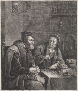 In een vertrek weegt een vrouw geld, terwijl haar man naast haar zit met een stokbeurs op schoot. Vanuit een venster slaat de Dood, met in de hand een zandloper, het tafereel gade.
