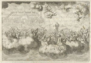 Gravure van jubelende mensen op wolken en engeltjes in de wolken daarboven. Op de achtergrond een vierkante, symmetrische ommuurde tuin.