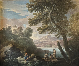 In een heuvelachtig landschap aan een rivier of een meer zijn jonge mannen aan het vissen. Links een paar meter hoge wal waarop bomen groeien, rechts hangt een boom schuin het beeld in. Op de achtergrond een bescheiden berg en een ruïne.