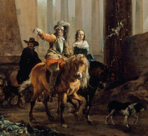Een heer rijdt op een licht gekleurd paard met lange blonde manen. Heer en paard kijken allebei naar rechts en de heer wijst ook die kant op. Naast hem rijdt een dame schrijlings op een donker paard. Zijn kijkt in de richting waarheen ze rijden. Voor hun loopt een zwartwitte hond. Achter het stel zit nog een man in een donker pak op paard. Hij kijkt in dezelfde richting als de heer.