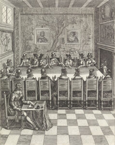 Zeventien leden van de Staten-Generaal vergaderen aan een rechthoekige tafel. Een griffier noteert de besluiten in een boek. Aan de muur een wandtapijt met een jachtscène en de portretten van Frederik Hendrik en zijn vrouw Amalia van Solms. Links een schilderij van een ridder. Onderaan twee keer twee regels tekst in het Frans. De prent maakt deel uit van een boek over het bezoek van Maria de Medici aan de Nederlanden om de bemiddeling te verzoeken tussen haar en haar zoon Lodewijk XIII.