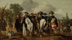 Een schilderij van een groep van ca. negen ruiters waarvan de drie voorste het grootst en duidelijk het belangrijkste zijn. Ze zitten op paarden met mooi gebogen halzen, lange witte manen, naar verhouding kleine hoofden met kleine, spitse oren. Het witte linkerpaard heeft zijn hoofd naar links gebogen en zijn linker voorbeen en rechter achterbeen gebogen. Het middelste, witte paard kijkt naar voren en heeft zijn rechter voorbeen en linker achterbeen gebogen. Het bruinbonte rechter paard springt als het ware naar voren met twee voorbenen van de grond en zijn hoofd naar links gebogen. De drie ruiters dragen grote zwarte of blauwe hoeden met losse rand. Ze hebben alle drie de teugels met hun linkerhand vast. Hun rechterhand hangt naast hen. De middelste man heeft zijn rechterhand in zijn zij. Ze dragen kleurrijke kledij met een witte kraag. Ze kijken recht naar voren. Op de achtergrond zijn links bomen te zien, rechts meer naar achteren ook. Daarboven en in het midden is een grijze wolkenlucht. Links van de ruitergroep zijn wat figuren te voet te zien met op de voorgrond een witte hond met zwarte vlekken die naar de ruitergroep kijkt. Aan de rechterkant zijn drie mannen te zien met lansen. Een van hen lijkt een grote, donkergekleurde hond vast te houden.