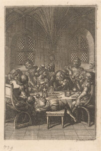Een schets van ca. tien heren die schots en scheef aan een grote ronde tafel zitten of hangen. De voorste man, waar we tegenaan kijken ligt horizontaal op een klein krukje en valt bijna op de grond. Het tafereel speelt zich af in een ruimte met links en rechts achter twee boogramen. Sommige heren zitten, anderen staan. De zittende heren hangen tegen elkaar aan of buiten sterk naar elkaar toe. De twee staande heren schenken de zittende heren bij met wijn uit karaffen. Op tafel staan wat schaars gevulde borden en een paar karaffen. De heren lijken geen pruik te dragen en hebben halflang haar. Ze dragen allemaal kleding die bij de schouders wat opgebold is als ook een korte, opgebolde broek over een broek of kousen heen.