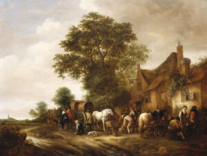 Een schilderij met een lage horizon en daardoor is er veel bewolkte lucht te zien. Rechtsonder begint een landweg die te zien is tot links aan een kerktoren in de verte. Twee derde van het schilderij wordt in beslag genomen door, aan de rechterkant, een huis, in het midden een grote boom en ervoor mensen en paarden. Een derde laat de landweg, met nog een paar kleine figuurtjes erop, zien die reikt tot aan de kerktoren. Voor de boom in het midden staat een koets met een wit paard ervoor. Voor de koets staat een in 17de eeuwse kledij gestoken deftig echtpaar. Rechts voor het grote huis staat een wit paard van achteren gezien. Her en der zijn wat mensen die boers gekleed zijn bezig met activiteiten. Bijvoorbeeld een man die iets doet aan het wiel van de koets, een man die een emmer oppakt en rechts een groepje mensen die ook iets doen maar wat is niet duidelijk.