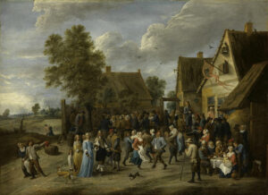 Een schilderij van een groep feestvierende mensen die buiten feest vieren. De ruimte wordt omgeven door rechts drie huizen waarvan met een vlaggenstok met wimpel. Aan de achterkant ook een huis dat aan de bovenkant met een soort bruggetje verbonden is met het huis rechts. Links van het huis staat een grote boom. Links is een doorkijkje naar een landschap met bomen en in de verte een kerktoren. De lucht is bewolkt en er vliegen vogels. De groep mensen is onder te verdelen in twee groepen. De achterste groep lijkt aan een grote tafel te zitten. Vooraan zijn er mensen aan het dansen. Rechts aan een klein tafeltje zitten ongeveer vijf mensen, met weer andere mensen eromheen. Links loopt een stel mensen weg van het feest. Her en der springen wat honden in het rond. Er zijn mensen die deftig gekleed zijn maar ook mensen die wat boerser gekleed zijn. De deftige mensen flaneren wat, de meer boerse mensen dansen of eten. De 17de eeuwse kledij is over het algemeen kleurig. De aristocratische dames bijvoorbeeld dragen een gele en een blauwe japon tot aan de grond. Een dansende vrouw draagt een rood bovenstuk, een blauwe rok en een wit schort eroverheen. Door kleding en houding onderscheiden de aristocratische types zich van de meer boerse.