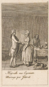 Rechthoekige prent van een man en een vrouw die tegenover elkaar staan, van de zijkant gezien. Meer naar achteren aan de rechterkant staat een vierkant tafeltje met een kleedje eroverheen en erachter zittende man. Aan de andere kant van het tafeltje, rechts, zit een kind. Achter de staande man is vaag een gedeelte van een bankje te zien. De man die tegenover de vrouw staat is in 18de eeuwse stijl gekleed. Hij draagt een witte pruik met aan de zijkant krullen en achter een staartje. Hij draagt een jas, vanaf de taille geplooid, tot net over de knie en witte kniekousen. Hij reikt de vrouw de rechterhand en kijkt haar aan. In zijn linkerhand houdt hij zijn hoed vast. De vrouw heeft een mutsje op en draagt een jurk met een lijfje waarin een witte halsdoek is gestopt. Vanaf de taille bolt de jurk achter meer dan aan de voorkant. De jurk reikt tot op haar enkels. Daaroverheen draagt ze een schort. Ze heeft haar rechterhand in die van de man gelegd en kijkt hem, met haar hoofd iets naar beneden en een kleine glimlach aan. De man aan het tafeltje draagt een pruik met een bosje krullen aan beide kanten. Hij kijkt naar ronde objecten op het tafeltje, waarschijnlijk geld. Het kleine kindje heeft een mutsje op. Op het tafeltje ligt een stukje papier en een vierkant blokje. Naast de linkerelleboog van de man ligt een object dat niet nader te definiëren is. De achtergrond bestaat uit kleine ruitjes, een soort rasterwerk met aan de bovenkant een suggestie van een plafond door streepjes in plaats van ruitjes. Op de vloer liggen grote tegels. Op de voorgrond staat een klein hondje met een voorpootje omhoog. Hij kijkt naar de man en de vrouw. Onder de prent staat te lezen: 'Heijrath aus Eigennutz' en 'Mariage par Interet'.