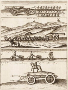 Op de eerste tekening wordt een kanon voortgetrokken door drie rijen van negen mannen. Op de tweede tekening trekken acht paarden een kanon door een heuvellandschap. Op de derde tekening lopen twee mannen met een kruiwagen en één met een rugzak en een speer. Op de laatste tekening staat een kanon afgebeeld met een dissel voor een paard.