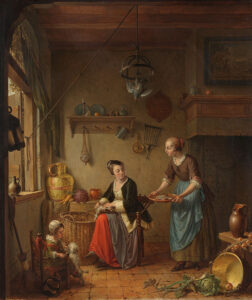 Interieur van een keuken, in het midden zit een jonge vrouw bij een mand een patrijs te plukken. Rechts komt een keukenmeid aangelopen met een dienblad met vissen. Links zit een kind in een stoel met een hondje te spelen. Rechtsvoor een koperen ketel met verschillende soorten groente en een gebroken kruik. Rechtsachter een haard waarboven een schilderij hangt. Tegen de achterwand een plank met borden en kruiken. Links bij het geopende venster een koperen melkbus en ander huisraad. Aan het plafond hangt een wildkroon met patrijs.