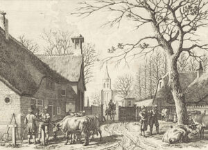 Een ets waarop een weg te zien is met links een langgerekt huis waarvan het deel dat meer naar achteren ligt een hoger dak met een schoorsteen. heeft. Rechts staat, achter een hek gelegen, een zelfde soort huis, met een schoorsteen met een gepunt dak. Op de achtergrond is een kerk te zien met een kerktoren. De kerk ligt achter een houten poort die half openstaat. Er rijdt een ruiter doorheen. Rechts vooraan staat een boom met kale takken. Daaromheen zijn twee staande en een liggende os te zien. Twee mannen praten met elkaar. Een van de mannen wijst naar de ossen. Meer naar achteren, bij het hek voor het huis staat nog een os. Links vooraan staan nog twee of drie ossen. Ertussenin is het hoofd met hoed van een man te zien die een arm op een van de ossen heeft liggen. Tussen de ossen en het huis staan twee mannen te praten. De een heeft een hand in de lucht. Met de andere hand houdt hij de hand van de andere man vast. Achter de huizen zijn nog wat kale bomen te zien. Alle personen op de foto zijn historisch geklede mannen.