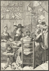 In een Hollands vertrek zit een gezelschap van drie dames en een heer rond een tafel aan de thee. Rechts in de deuropening een kindermeid met een klein kind op de arm. Aan het plafond hangt een papegaai op een stok. Tegen de achterwand een vitrine met pronkservies. Met een onderschrift van vier regels in het Nederlands. Derde prent uit de serie: de vier tijden van de dag.
