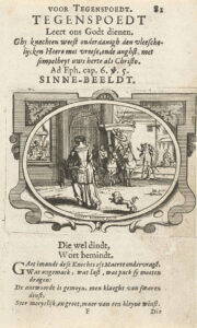 Bladzijde uit een boek (p. 81) met tekst op verso. In een ovale cartouche een straatgezicht. Op de voorgrond komt een dienstmaagd terug van de markt. In haar handen draagt ze een zware mand vol met ingrediënten en een dode haan. Ze begeeft zich richting een huis waar een lakei en een koetsier buiten staan te wachten. Door een raam zien we het interieur van een huis, waar een gezelschap feest viert. Boven de cartouche de titel (motto) van de prent en een citaat uit de bijbel (Efeziërs 6:5). Onder de prent een onderschrift: 'Die wel dindt, Wort bemindt.' en een beschrijving die de prent verklaart.